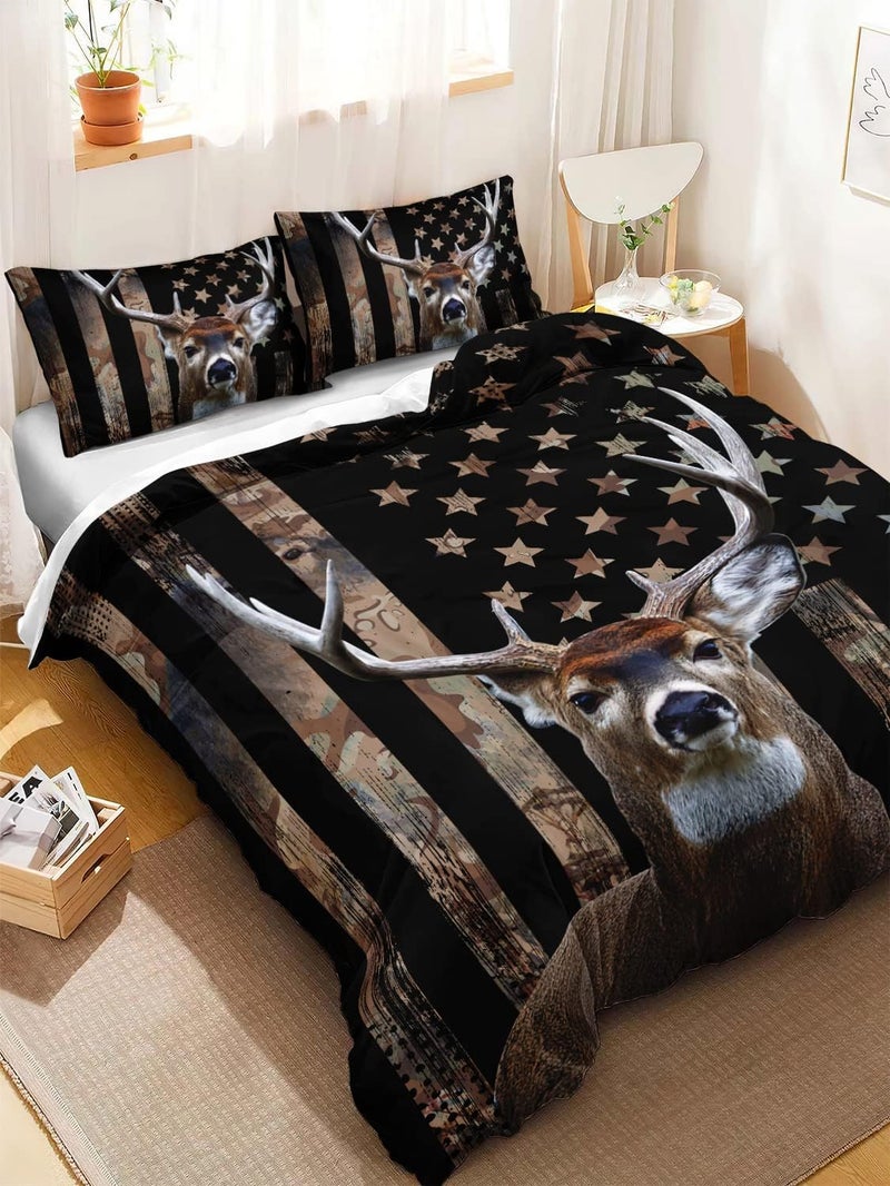 HOSIMA Deer Hunting Bedding Sets,Deer and American Flag Duvet Cover for Hunter Bedroom Decor with 2 Pillowcases Camouflage Bedding Sets for Adult Teen boy Bedding. - Image 2